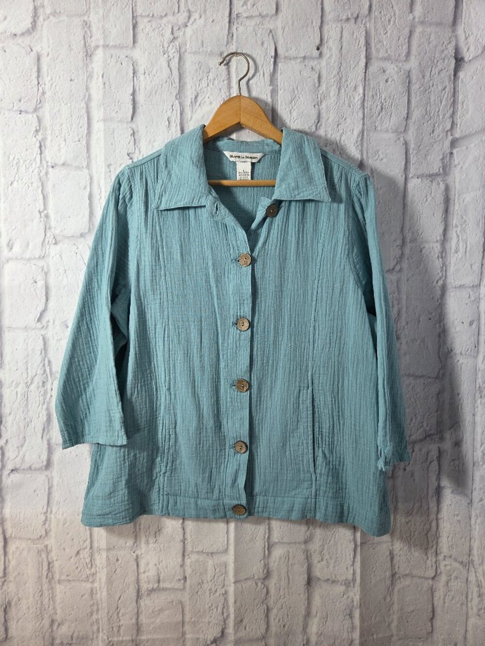 Draper's & Damon's Large Blue Button Front 100% Cotton Gauze Blouse (Flaw)